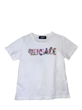 Versace Kids White Floral Logo Graphic Cotton T-Shirt Size 8Y - stained